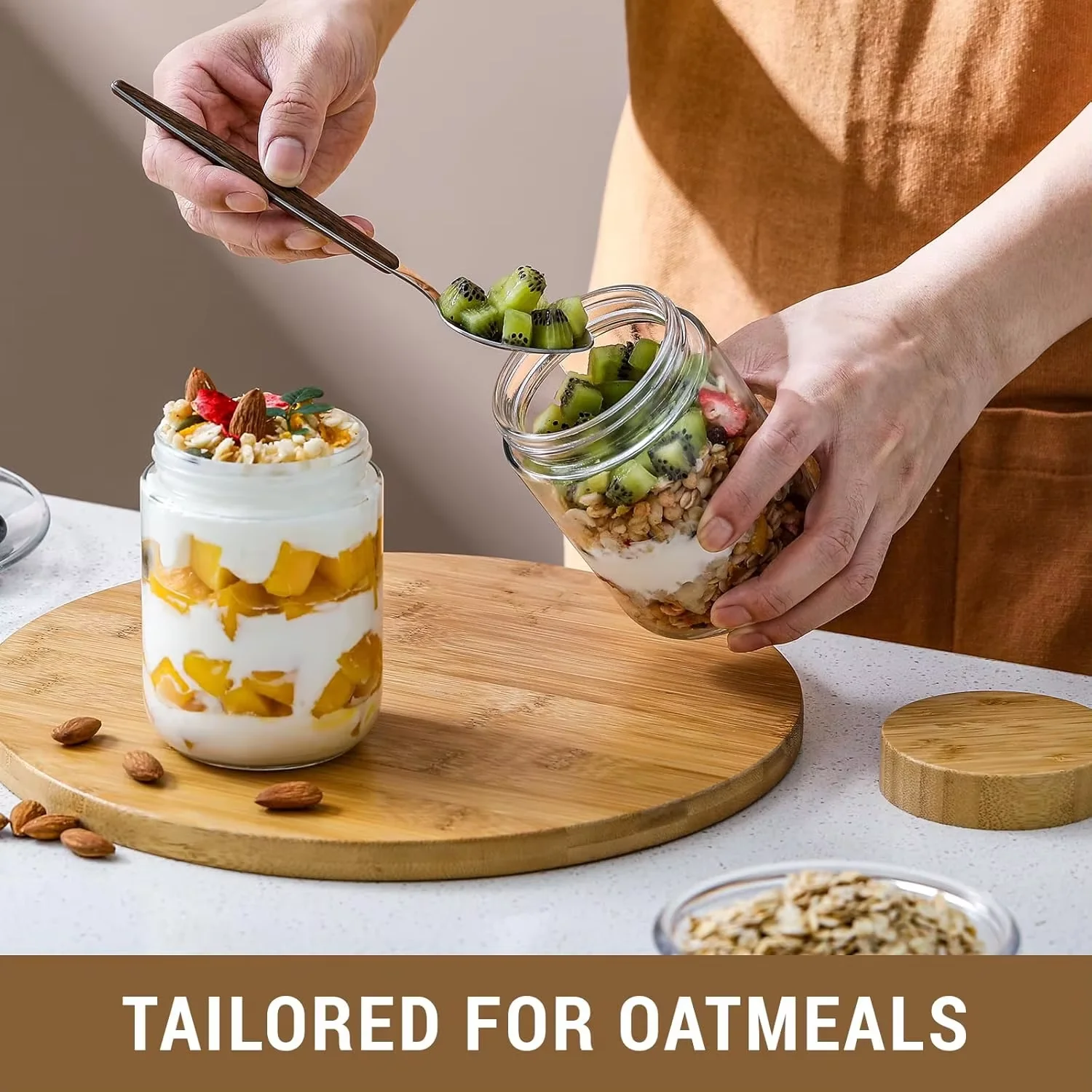 Glass jars with Airtight Lids Oats Containers with Bamboo Lids Wide mouth Mason Salad Glass Food Storage for Snacks Yogurt Spice 4