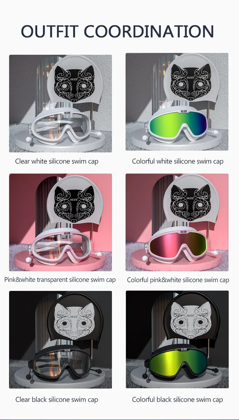 Modische Schwimmbrille mit großem Rahmen, rutschfeste Ohrstöpsel, HD-PC-Linsen, beschlagfrei, weiche Silikondichtung, elegante Aufbewahrungsbox – Detail 2