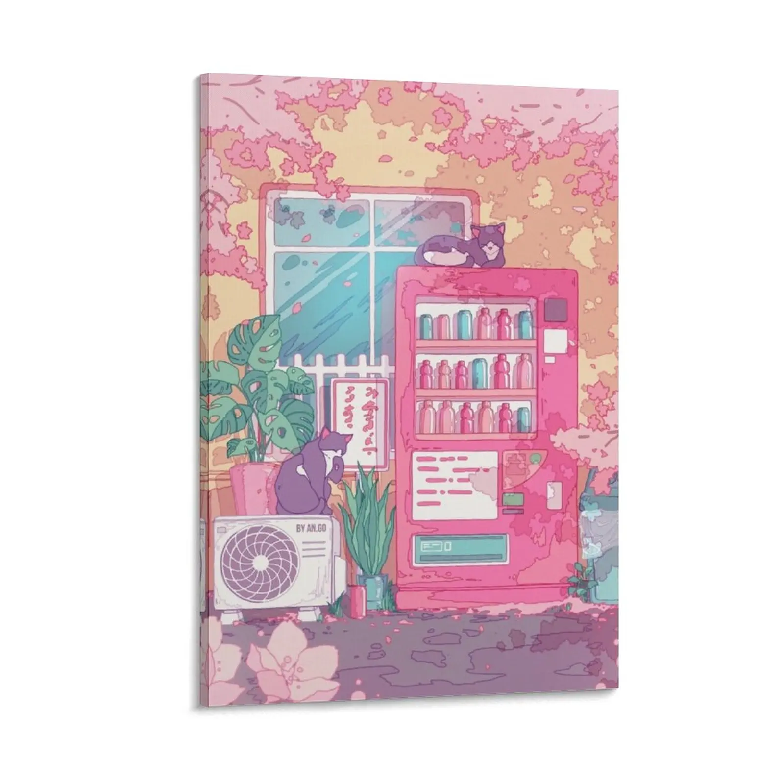 

The stray cats, wending machine and pink cherry blossom Canvas Painting art anime room decor bedroom decor wallpapers home decor