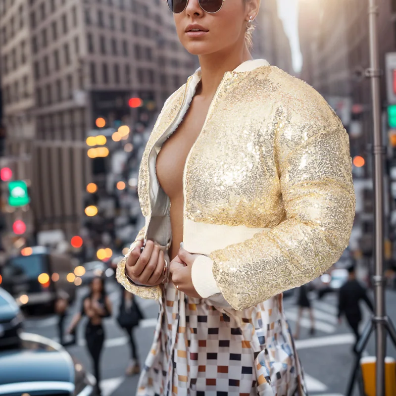 Winter Women Shiny Gold Sequins Puffer Jackets Warm Thick Bubble Coats Glitter Sequin Parkas Down Zipper Short Jackets Parkas