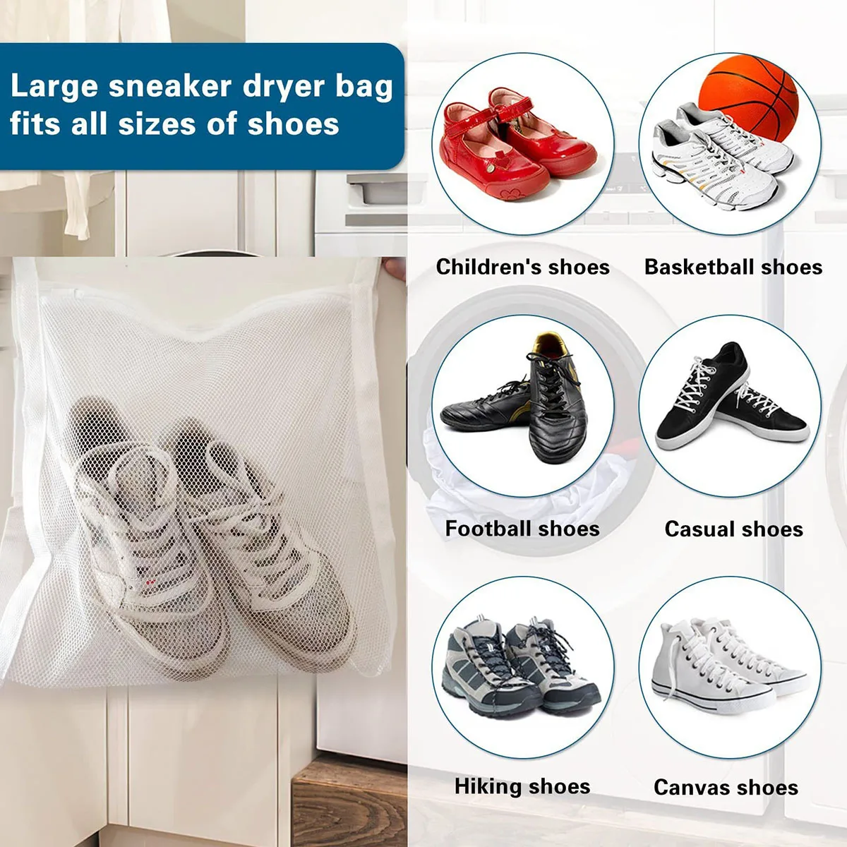 1PC Sneaker Dryer Bag, Dryer Door Shoe Net with Elastic Straps, Sneaker Laundry Bag for Shoes,40X40cm 5