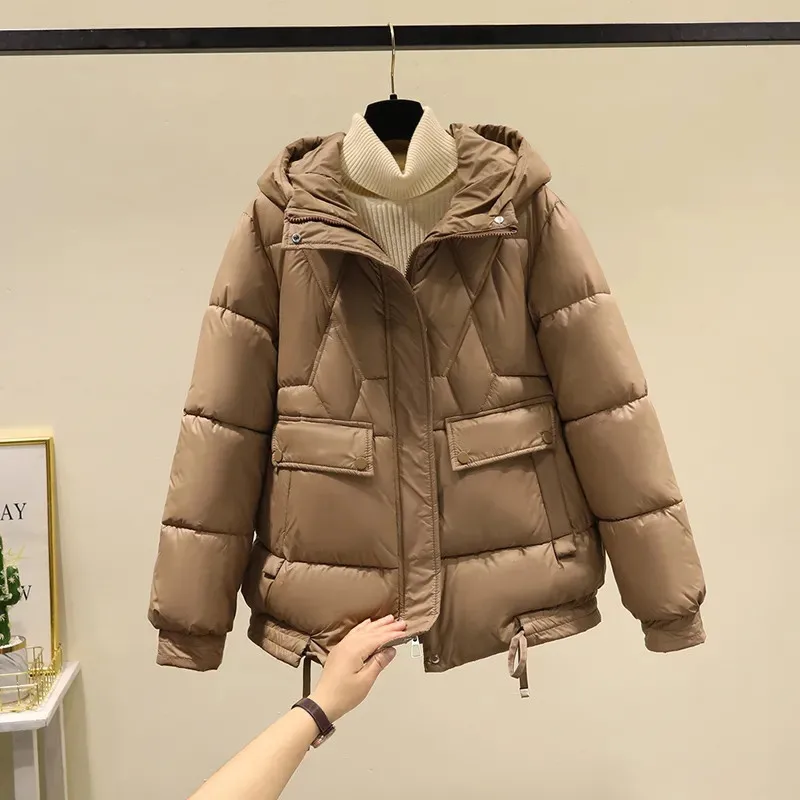 

Winter Parkas Women Windproof Down Jacket 2024 New Fashion Thick Warm Long Sleeve Hooded Snow Coat Casual Loose Outerwear G3080