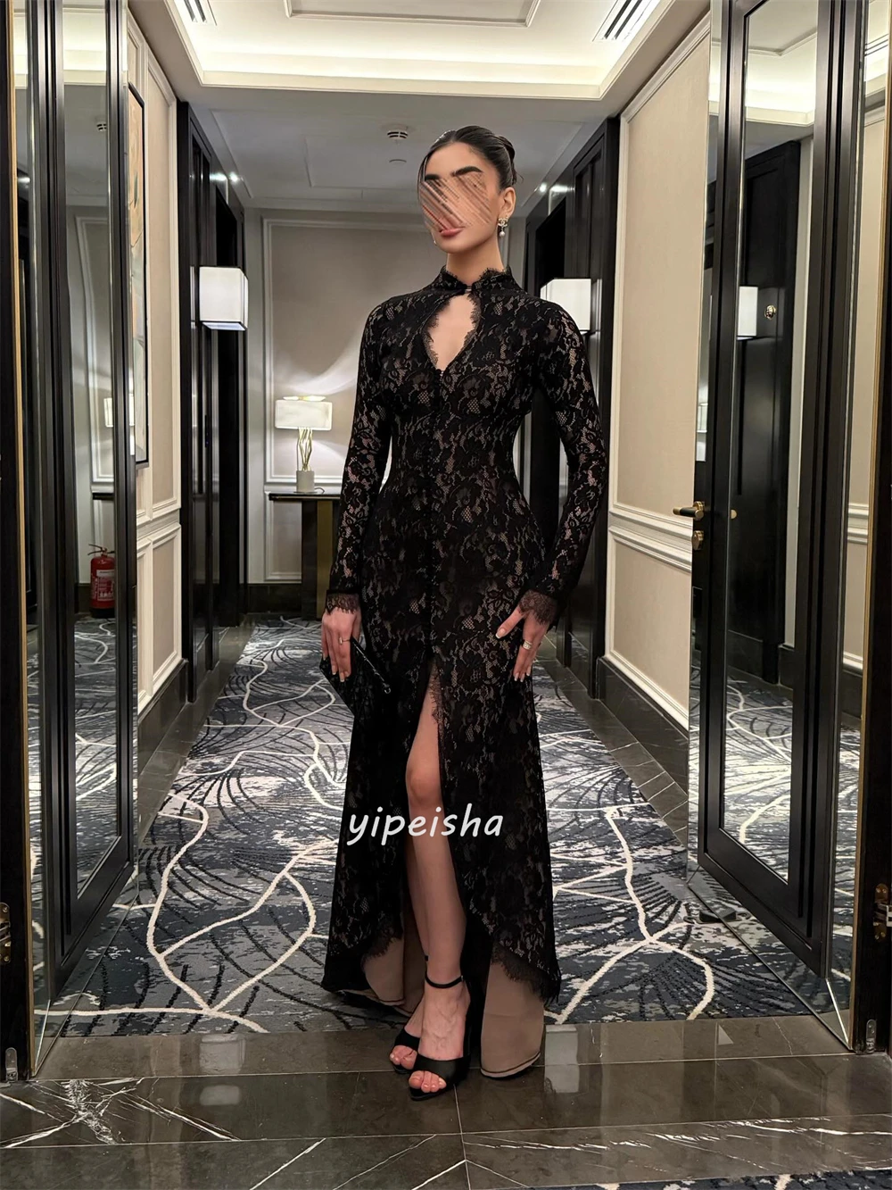 Customized Modern Style Classic Lace Ruched Pleat Column High Collar Long Dresses Bespoke Occasion Dresses Sizes Available Retro S3f5048904522473db8f569bc399bff0fF