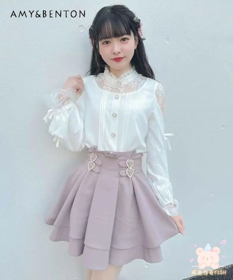 

Japanese Rojita Shirt Women Lace Stitching Bow Mine Series Mass-Produced Long Sleeve Blouse Summer New Cute Sweet Blusas Tops