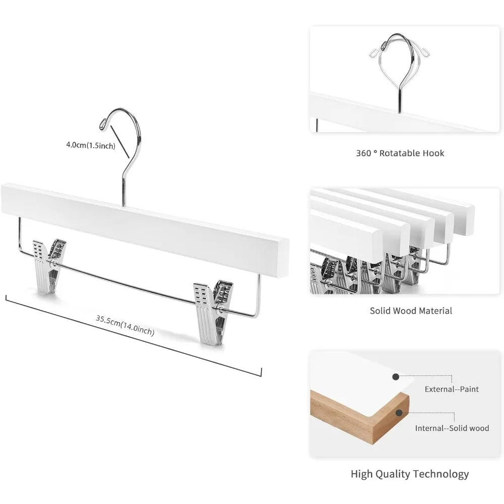 Wooden Pants Hangers Wood Bottom Jeans Skirt Hanger with Clips Anti Rust Hook Pack of 10 (White)