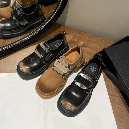 Retro College Style Small Leather Shoes for Women's Spring Versatile Thick Soled Round Toe Loafers