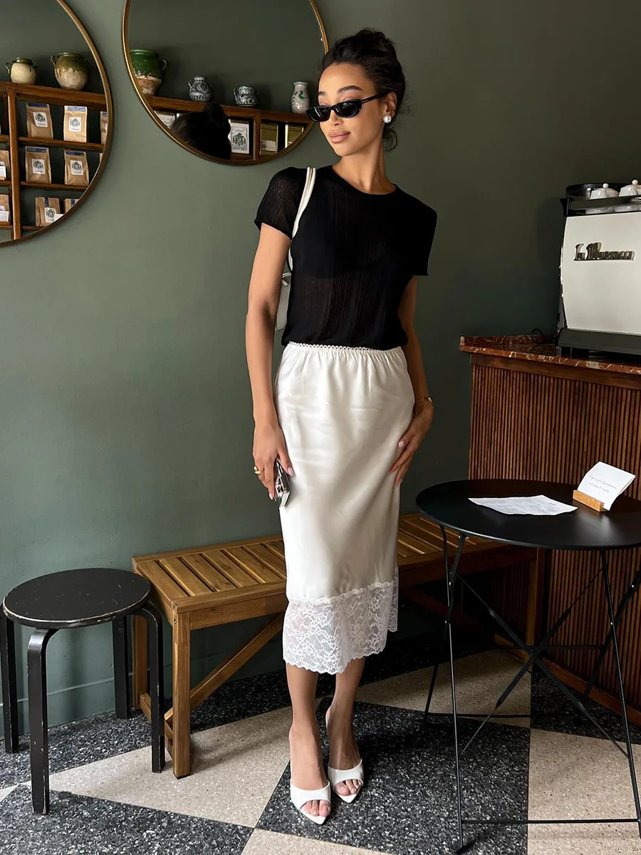 Bornladies 2025 Summer Women's Lace Panel Midi Skirt With Lace Trim Elegant Knee Length Ankle Ladies Skirt