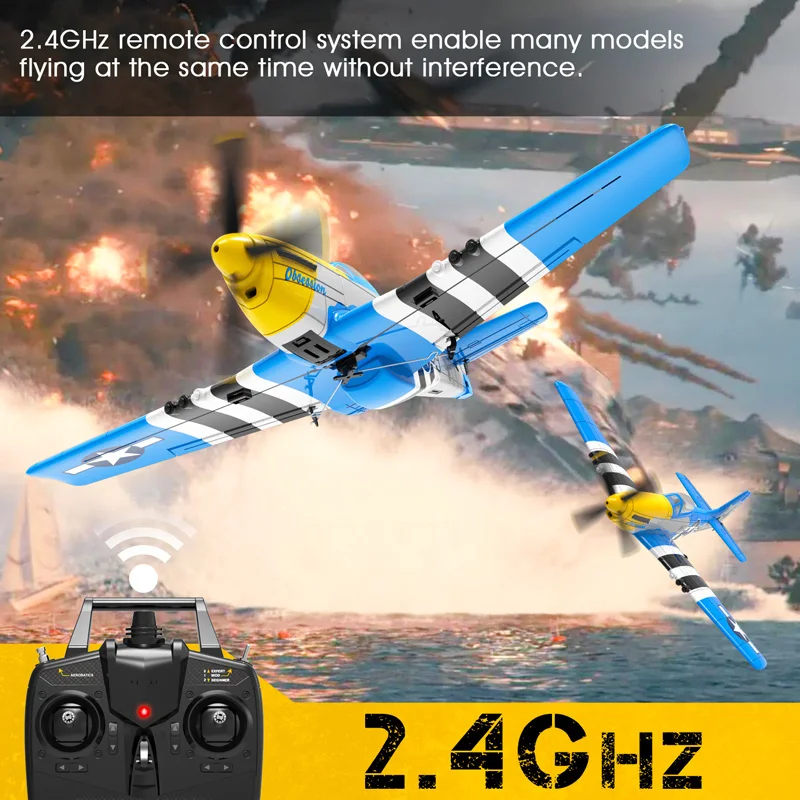 Coolbank P51 Mustang RC Airplane 2.4G 4CH 6 Axis 400mm Mustang RC Aircraft One Key Aerobatic RTF Glider Plane Toys For Boys Blue 2