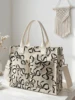 Beige Corduroy Tote Bag with Black Bow Print – Large Capacity