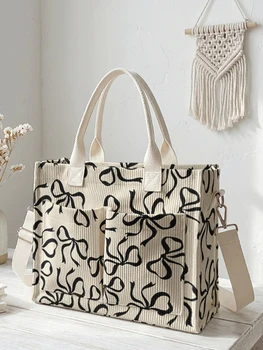Beige Corduroy Tote Bag with Black Bow Print – Large Capacity