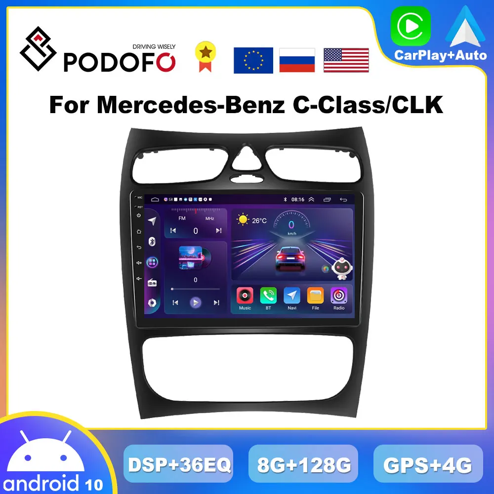 

Podofo 8G+128G Android CarPlay For Mercedes Benz C Class CLK Class S203 W203 W209 A209 2000-2005 Car Radio 4G Multimedia Player