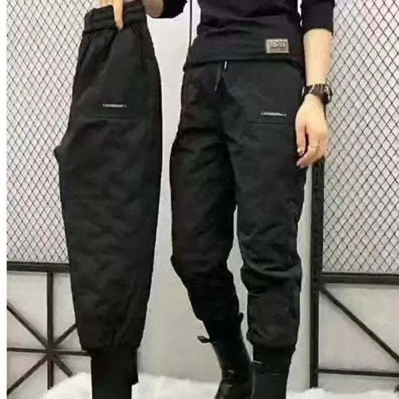 Women's Autumn Winter New High Waist Down Cotton Pants Fashion Simple Solid Large Fleece Thickened Loose Casual Slimming Pants