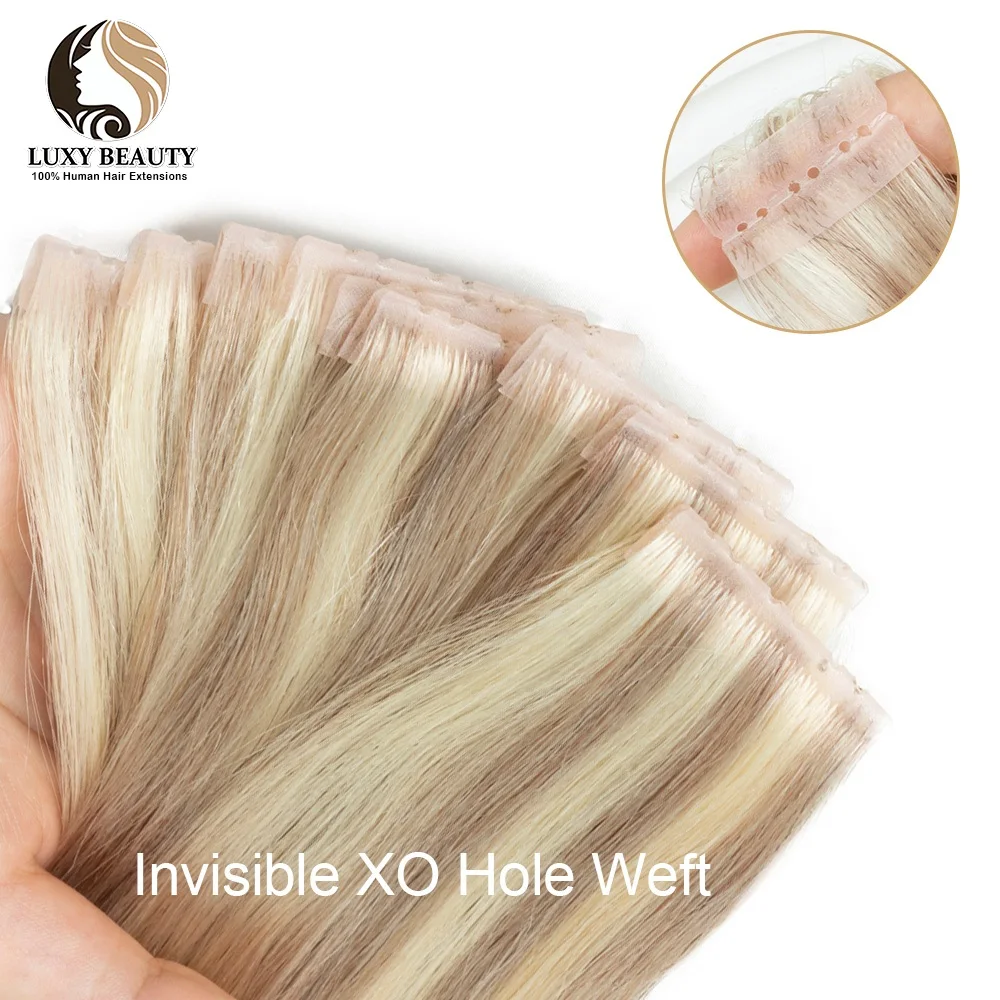 Invisible XO Weft Human Hair Extension Straight Inject PU Skin Twin Tab Weft Pull Through Micro Link Hair Blonde 10pcs/Pack