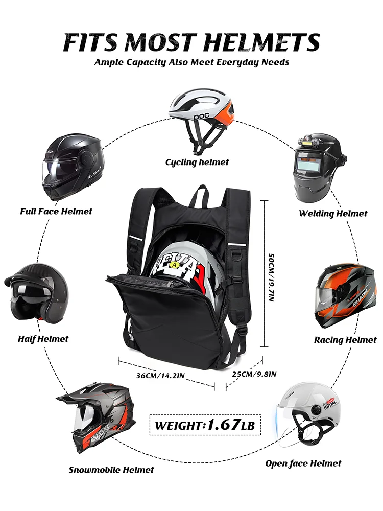 Men's Motorcycle Backpack, Waterproof Helmet Backpack for Men, Travel Backpack Reflective Stripe Hiking Expand Outdoor Backpack