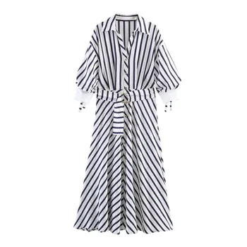 Abito Midi Elegante e alla Moda con Cintura, Vestito da Donna a Righe Stile Fresco e Dolce, Vita Alta, Manica Corta, Spalle Scoperte