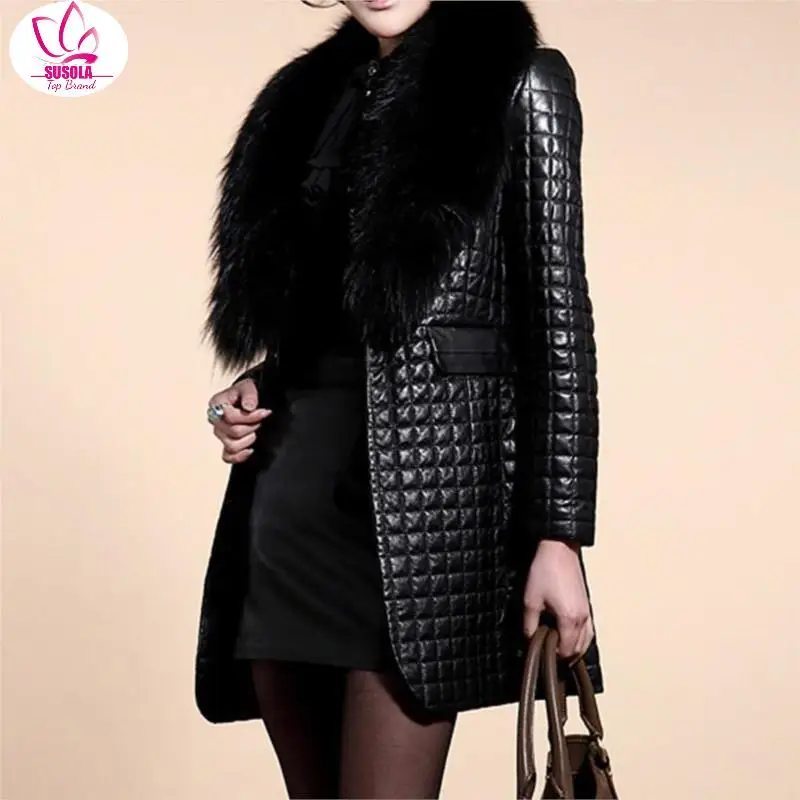 

SUSOLA Women Winter Faux Leather Fur Long Sleeve Coat Jacket Outerwear Long Overcoat Lady New Warm Outwear Coats Black
