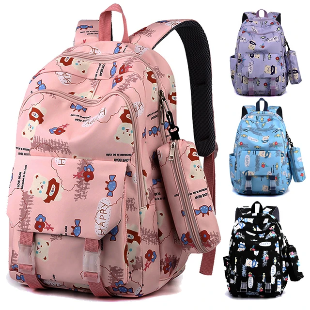 Stylish Waterproof Printed Girls Backpack with 3pcs Lunch Bag, Pencil Case  for Middle School Teens, Lightweight Black Bookbag - AliExpress