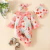 Baby Girl Newborn Onesies Romper 1-18Months Floral Cute Lace Clothing Set with Hat Infant Long Sleeve Cute Tiny Button Jumpsuit 1