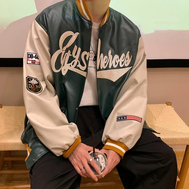 

Y2K Vintage Letter Embroidery PU Leather Baseball Varsity Jacket Men Streetwear Hip Hop American Retro Loose Women Coat Oversize