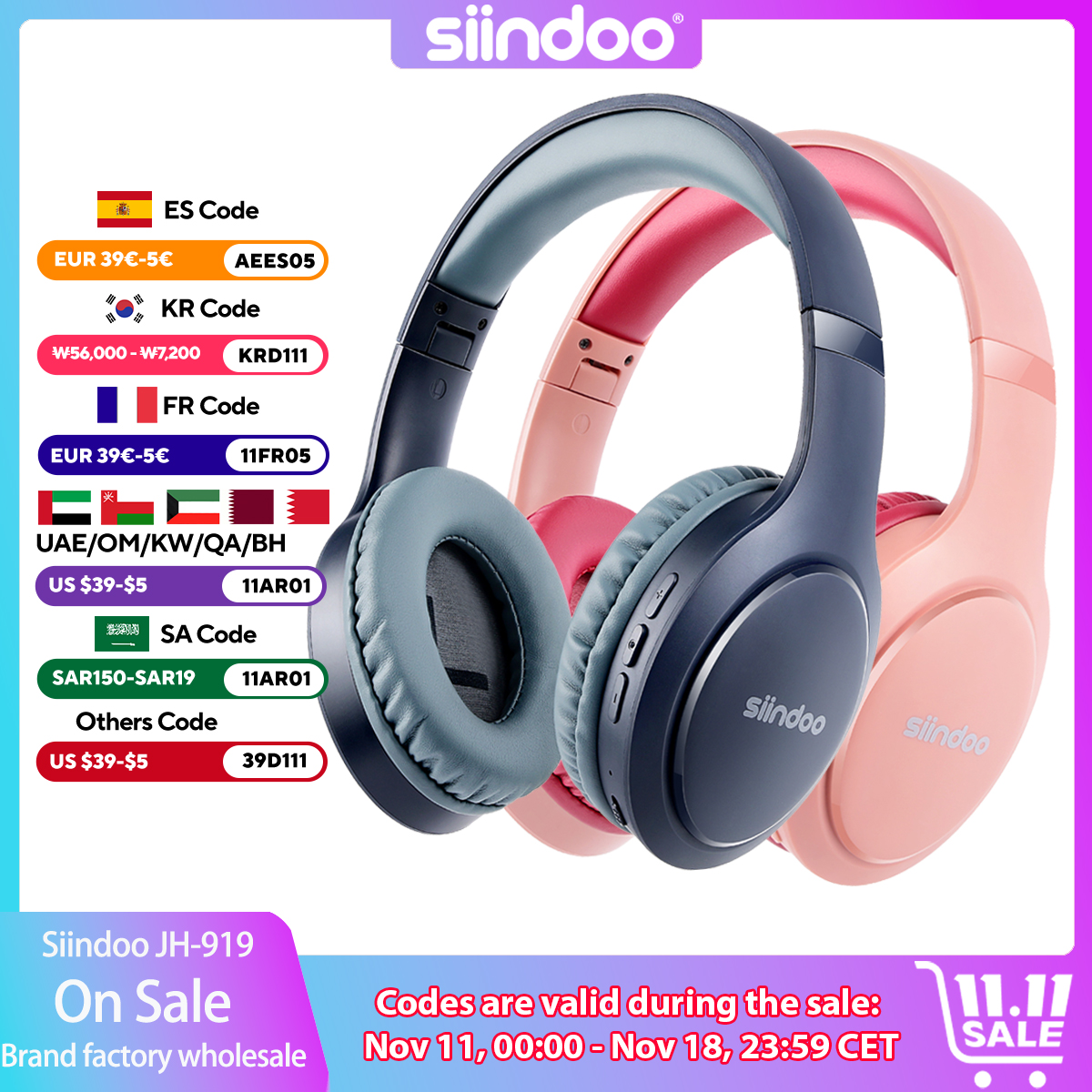 Siindoo Foldable Wireless Headphones Stereo Bluetooth Earphones 3EQ Sound Modes with Hi-FI Deep Bass Mic JH-919 For Laptop Blue