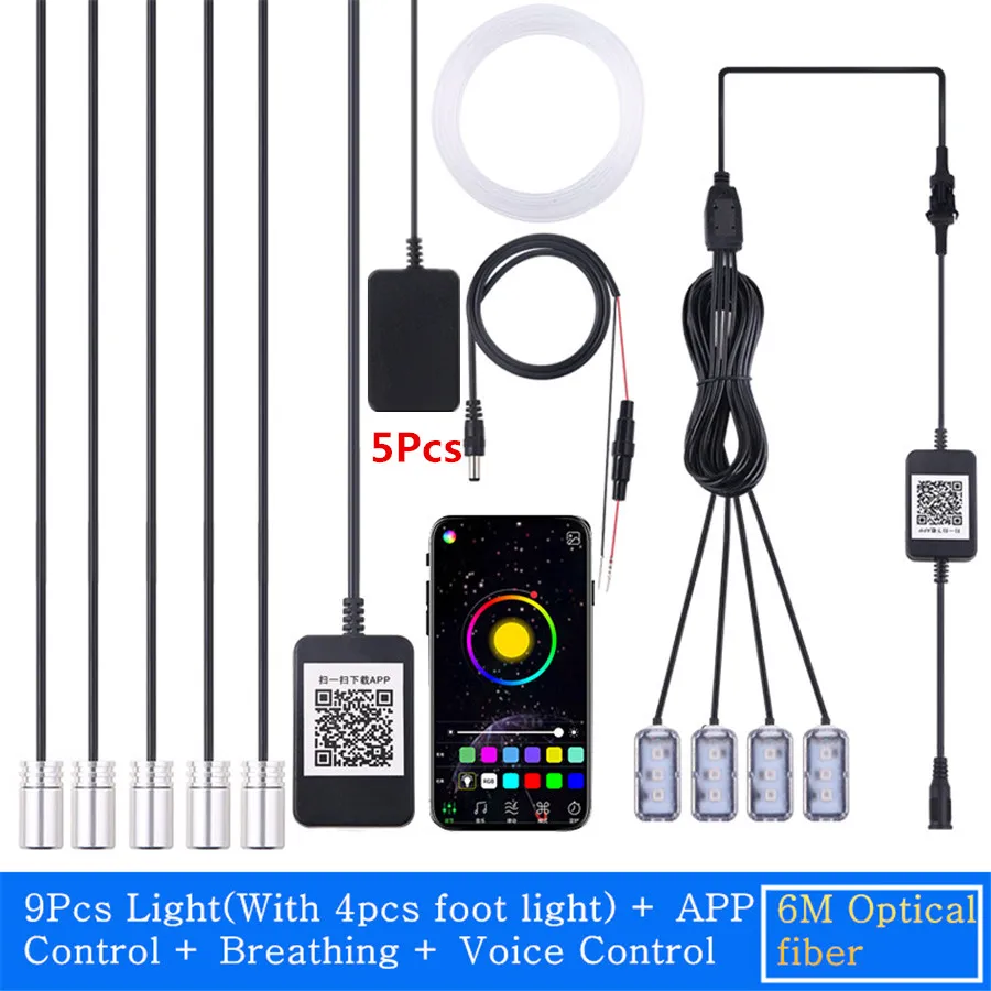 

NO Threading 5pcs Ambient Lights + 4 Foot lamps APP Control 64Colors Optic Fiber Car Atmosphere Light Lamp