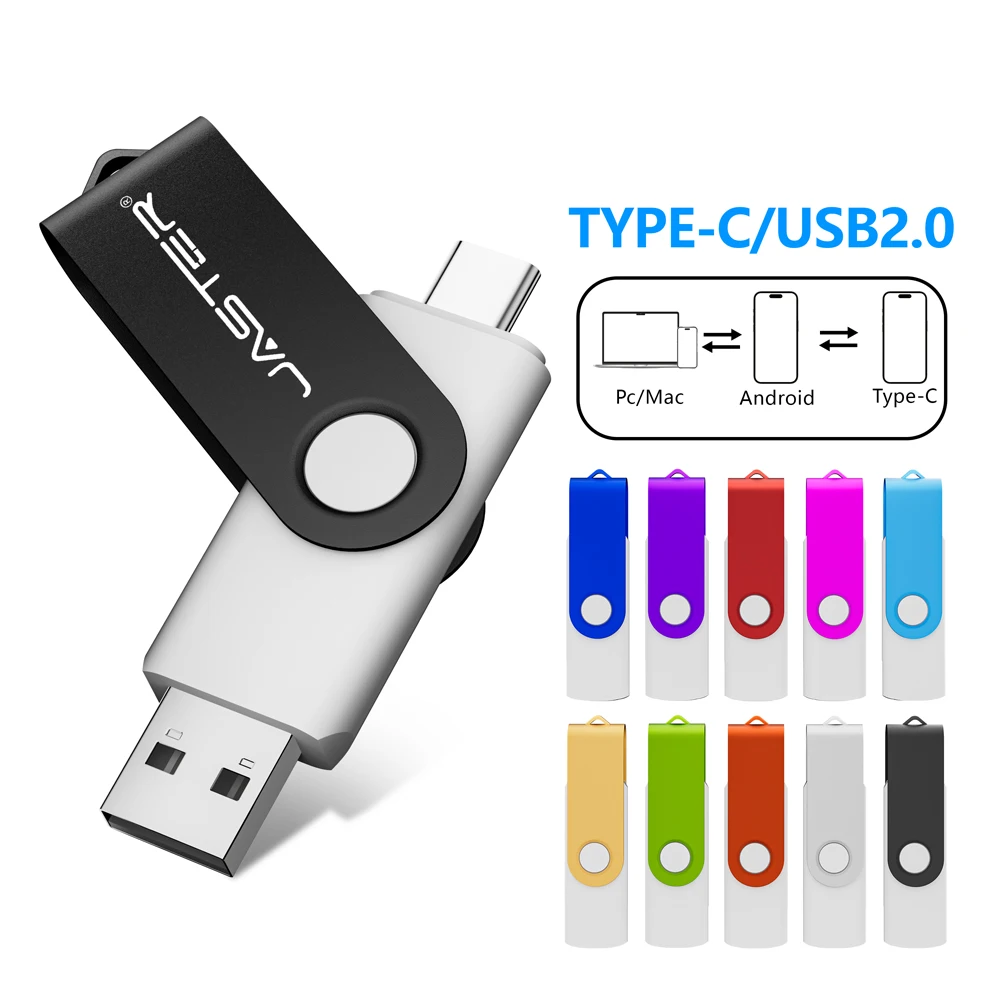 JASTER 128GB TYPE-C 2 in 1 USB 플래시 드라이브 32GB 메모리 스틱 64GB 컬러풀 회전형 펜 드라이브 4G 8GB 16GB 무료 키링 USB-C