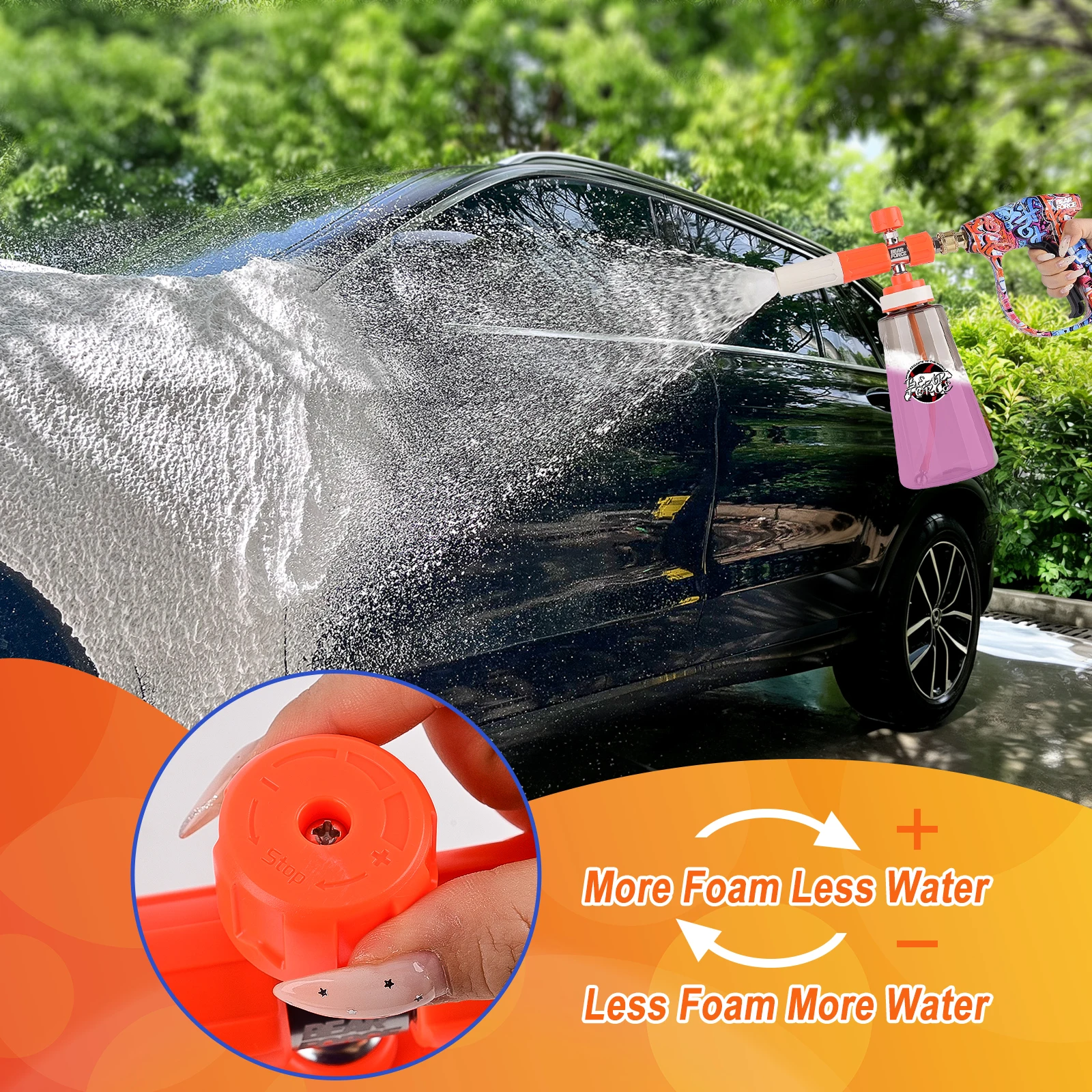 압력 세척기용 업그레이드된 폼 캐논(1/4인치 퀵 커넥터, 360도 회전) ° 조절 가능한 스프레이 노즐, 1L 폼 캐논 비누 디스펜서