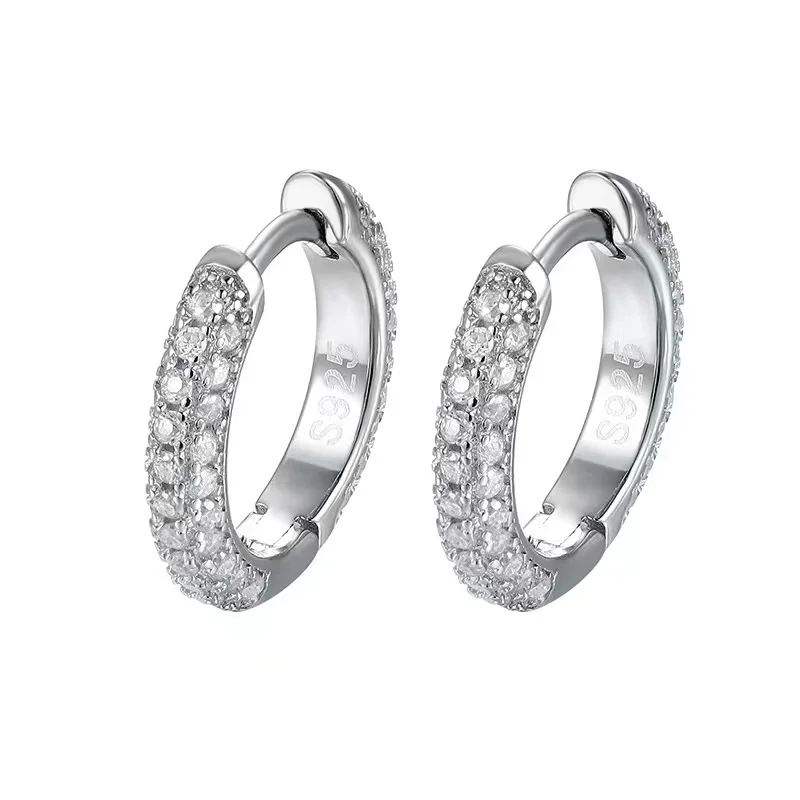 S925 Silver 0.8ct Moissanite Hoop Earrings 3 Rows Iced D Color Moissanite Diamond Huggie Earrings for Women Ins Jewelry Gift