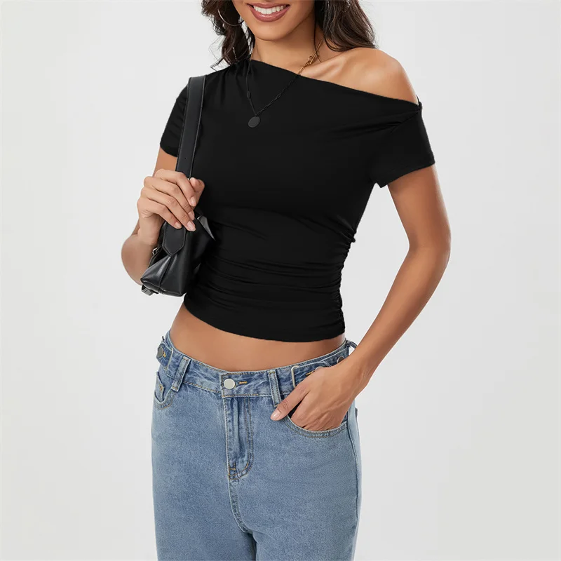 Top corto Y2K para mujer, ropa grunge de verano, camiseta fruncida sin mangas con hombros oblicuos, chaleco, ropa de calle de los años 2000