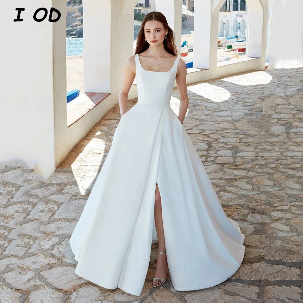 

I OD Simple A-line Wedding Dress Square Collar Backless Floor Length Court Train Bridal Gown Sexy Side Slit Vestidos De Novia