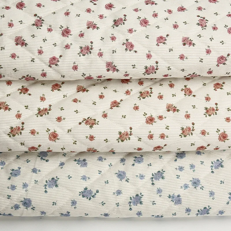 Quilted Corduroy Cotton Fabric with Floral Print for Winter Clothing and DIY Sewing