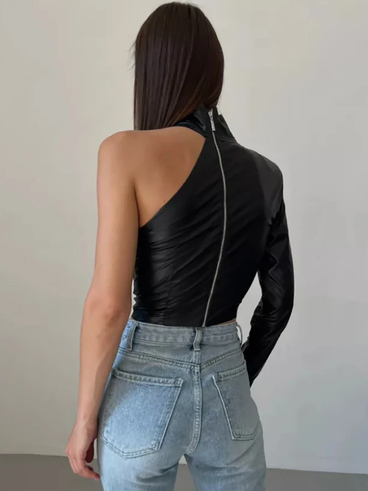 FQLWL Summer Solid Faux Pu Leather Tank Top For Women Black Sleeveless O  Neck Zip Up Crop Top Streetwear Bodycon Tank Top Female