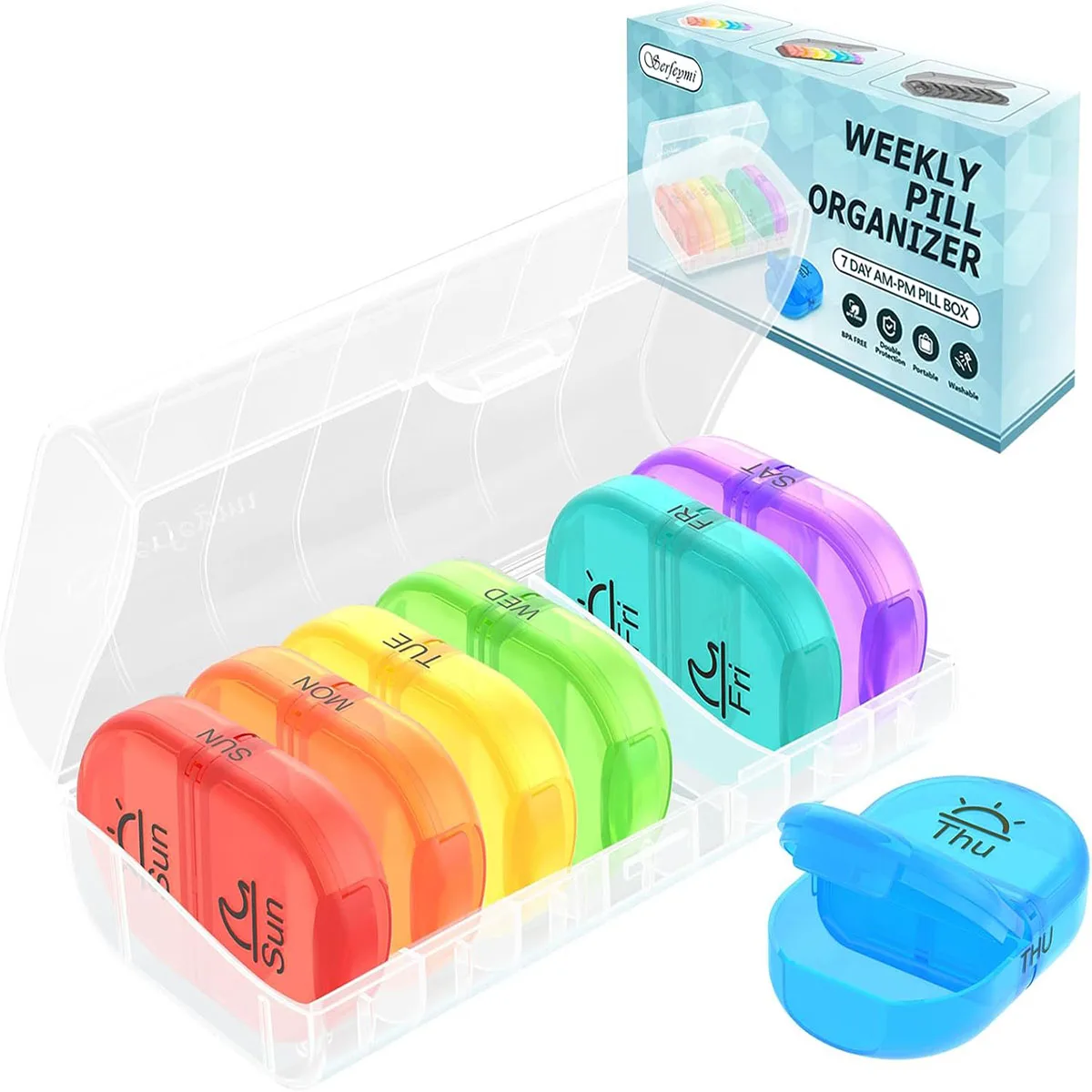 Serfeymi Dual Compartment Weekly Pill Organizer for Vitamins & Supplements
