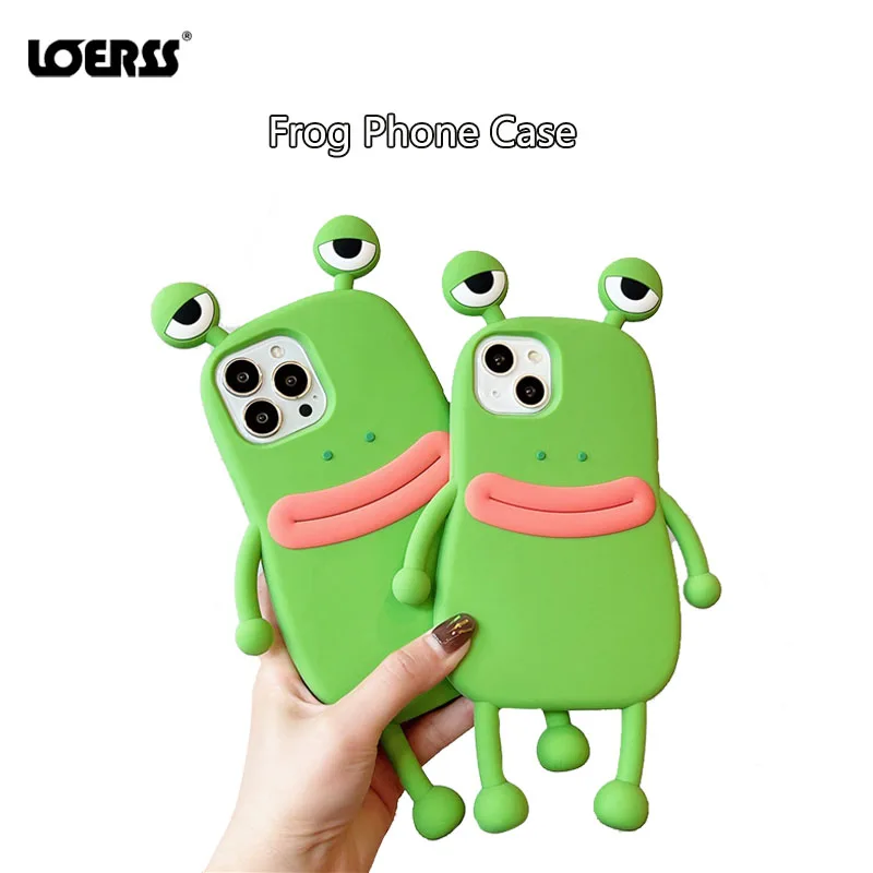 Loerss 3D Frog Cartoon Phone Case Cute Green Rubber Soft Phone Cover Tpu Custodia Antipolvere Per Iphone 14 12 13 11 X Promax