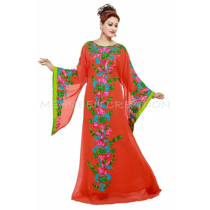 

Orange Royal Machine Embroidery Kaftan Farssa Abaya Jalabiya Wedding Dress Fashion Trends In Europe and America