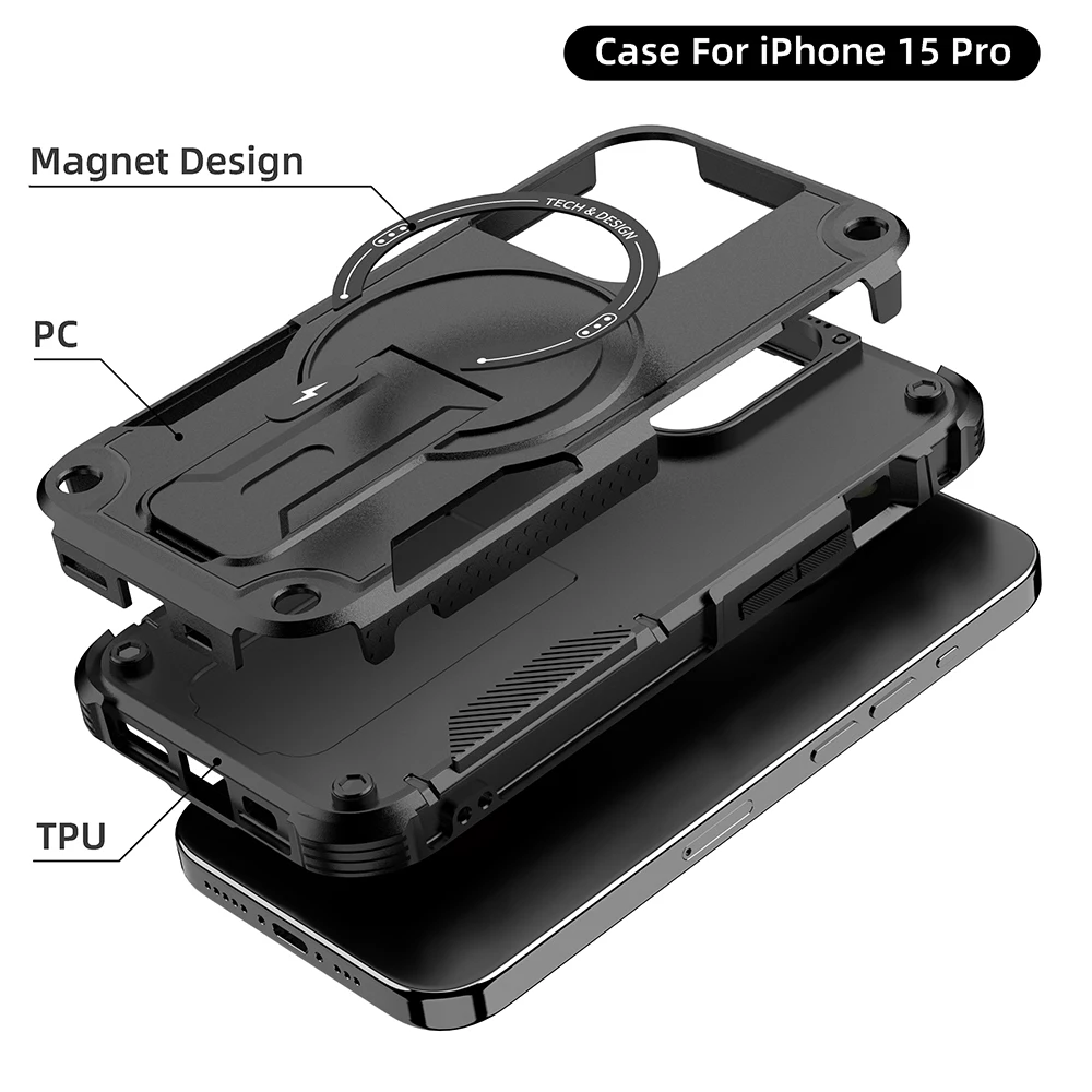 Cool Mecha for Magsafe Magnetic Stand Invisible Support Phone Case for IPhone 15 14 13 12 Pro Max 11 Hard Anti-fall Back Cover