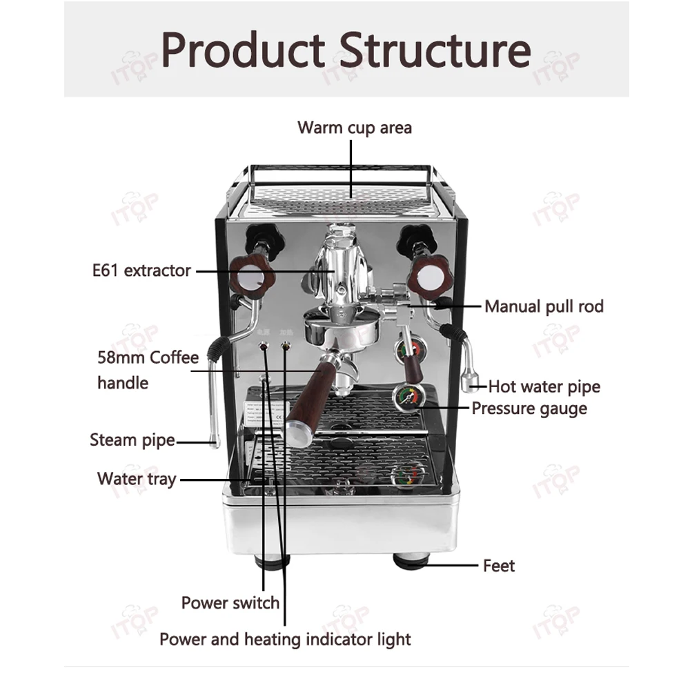 ITOP Coffee Machine Express Coffee Maker E61 Brewing Double Boiler Rotary Pump Copper Pipe 2000W N.W. 32kg 220-240V 50-60Hz