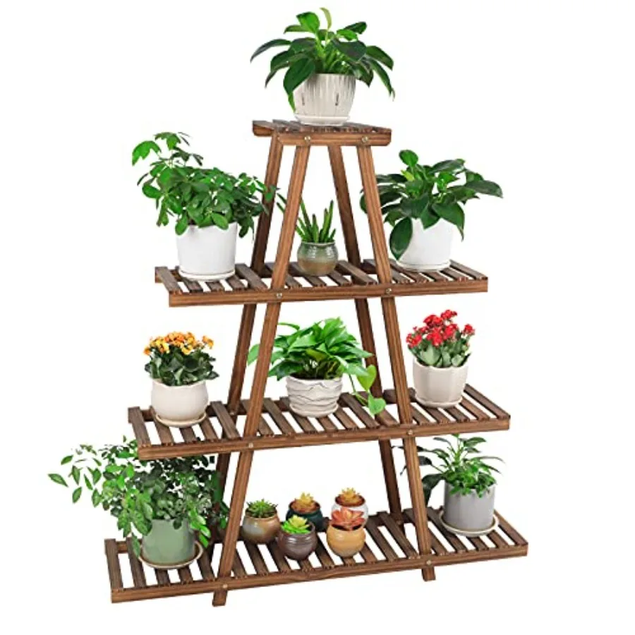 4 Tier Wood Plant Stand Indoor Outdoor A Frame Plant Display Shelf for Multiple Plants Flower Pot Holder Rack Living Room Balco