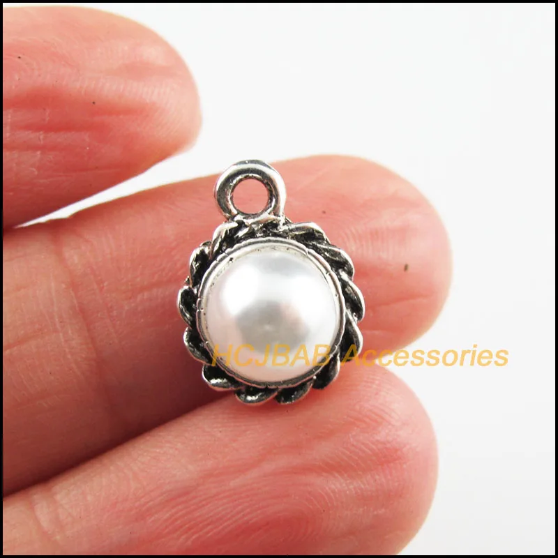 

20Pcs Tibetan Silver Plated Color White Acrylic Round Charms Pendants 11x15mm
