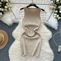 Beading  Summer Women's Knitting Sheath Tank Dress Female Bodycon Knitted Camisole Sleeveless Mini Dresses For Woman Outfits - Image 2