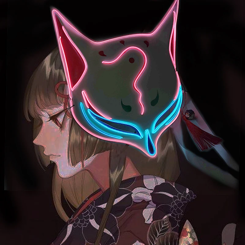 Face Mask Halloween Mask Party Masks Masquerade Mask 3D Printed Mask 3D Face Masks Horror Mask Superhero Mask Glowing Demon Slayer Mask Cosplay Japanese Cartoon Neon Light Samurai Mascara Luminous Led Fox Mask For Halloween Christmas