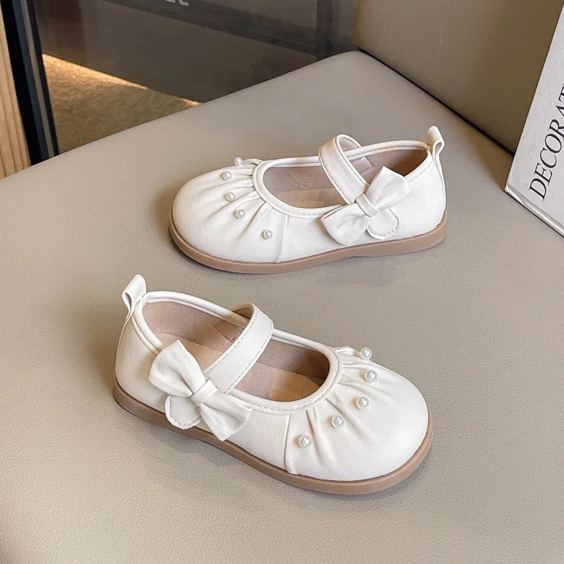 Leather Kids Flat Shoes for Girls with Bowknot and Pearl