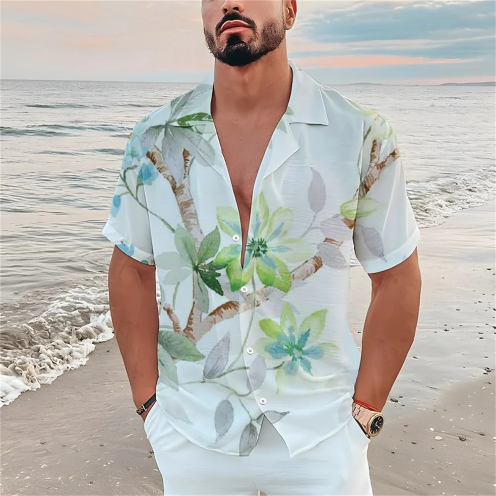 

Blouses 3D Printed Beach Branch Pattern Shirt Man Casual Fashion Short Sleeves Shirts Button Lapel Oversized Tops Clothes