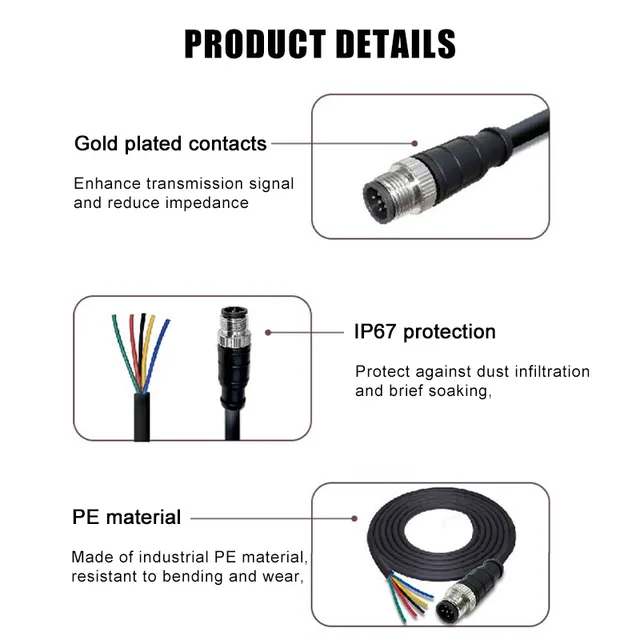 10 Meter M12 8-Pin Female Connector Cable - IP67 Waterproof, Brass Gold-Plated Contacts, A-Code Solder Locking (60V 2A)