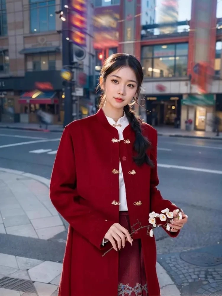 Autumn And Winter Retro Chinese Style New Chinese Style Standing Collar Woolen Coat Women's Medium Long Thick Woolen Coat