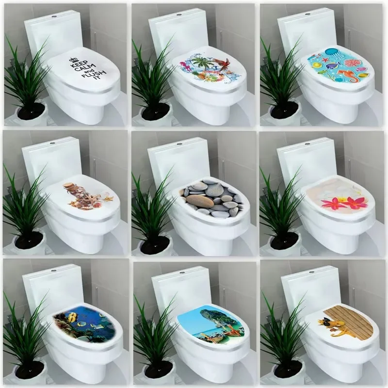 Bathroom Decor 3D Printed Flower View Toilet Lid Sticker Commode Seat Cover Sticker Cartoon Plant and Animals Scenery Home Decor
