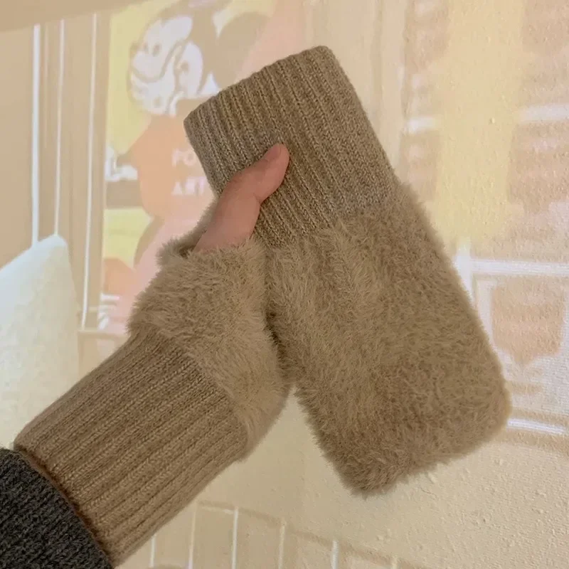 

Mink Fleece Soft Winter Half Finger Gloves Women Warm Luxury Solid White Plush Knitted Fingerless Gloves Wrist Mittens Writting