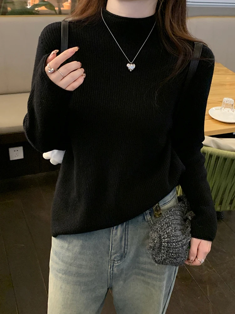 New Basic Sweater Autumn and Winter Women's Retro Solid Color Slim-fit Bottoming Shirt Elegant Integrated Fleece Warm Knitwear