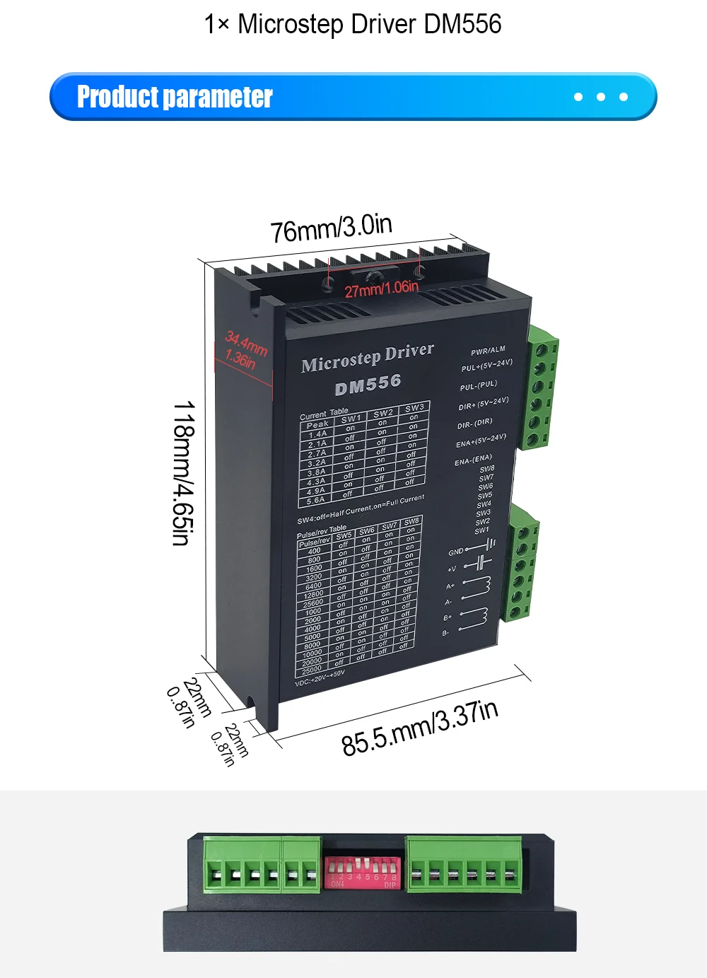 Description Picture 3 of itemDM556 2 Phase Microstep Motor Driver 20-50V DC 1.4-5.6A Suitble for NEMA17 NEMA23 Stepper Motor Controller 42 57 Stepper Motor
