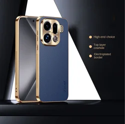 Premium Cowhide Lychee Texture Electroplated Frame Case - OPPO Find X9 (Blue)